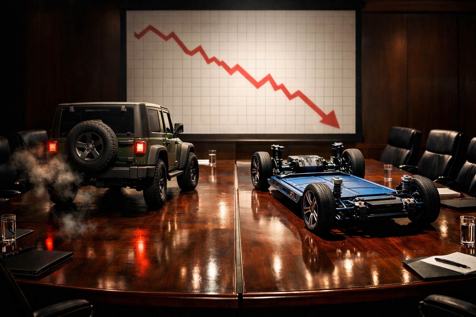 A Jeep Wrangler with exhaust smoke and a blue electric vehicle chassis on a boardroom table, symbolizing the Stellantis EV write-down 2026 and the shift in automotive strategy.