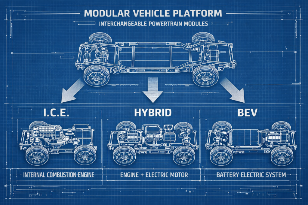 A technical blueprint illustration of a modular vehicle platform, demonstrating how the core chassis can accommodate Internal Combustion Engine (ICE), Hybrid, and Battery Electric Vehicle (BEV) powertrains, illustrating the flexibility necessary to manage the Stellantis EV write-down 2026.