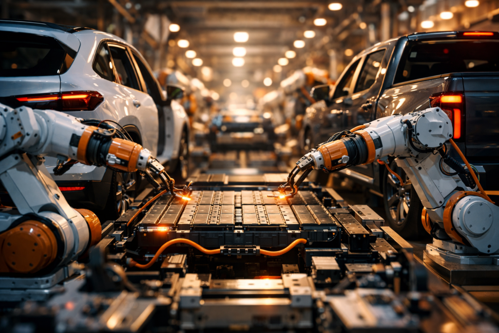 Robotic arms installing a large battery pack on a high-tech assembly line featuring diverse vehicle types, illustrating the long-term production goals following the Stellantis EV write-down 2026.