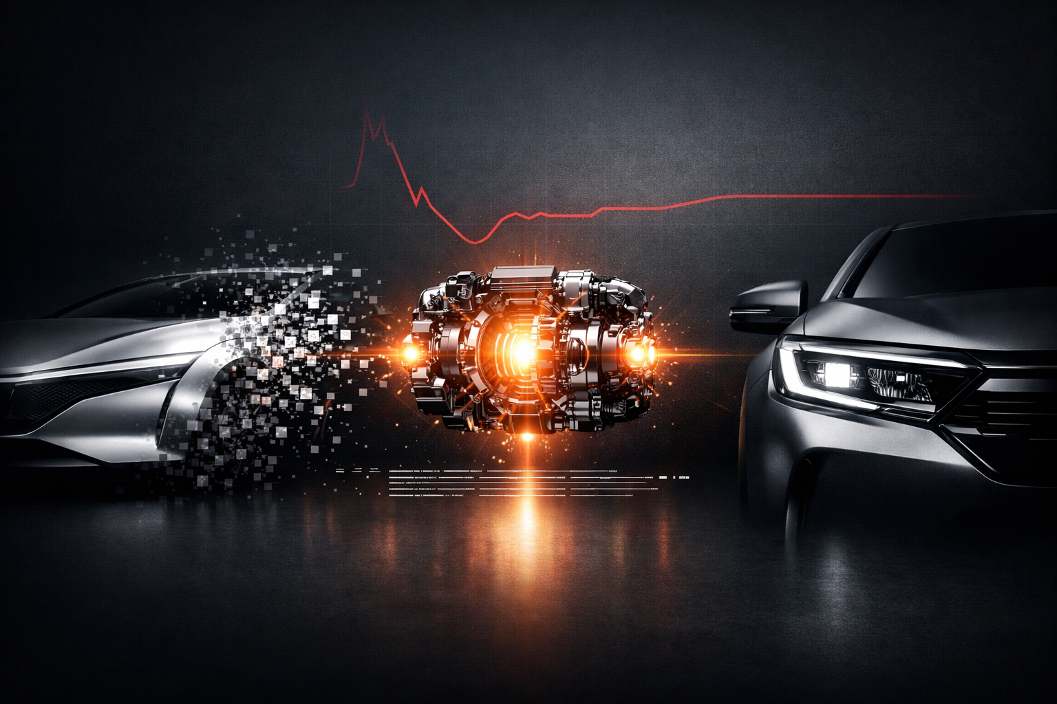 A conceptual 3D render of a futuristic car silhouette transitioning into a hybrid engine core, representing the Honda EV strategy reassessment 2026 and the 2.5 trillion yen fiscal pivot.