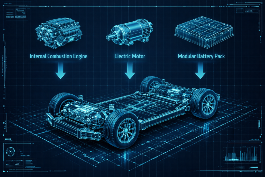 A technical digital schematic of a modular vehicle platform, showing interchangeable combustion, hybrid, and electric components on a single chassis.
