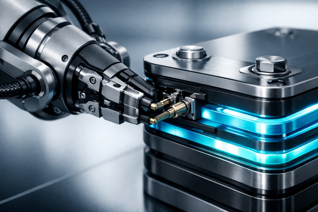 A 3D conceptual render focusing on a robotic arm integrating a glowing modular battery pack into a hybrid vehicle architecture.