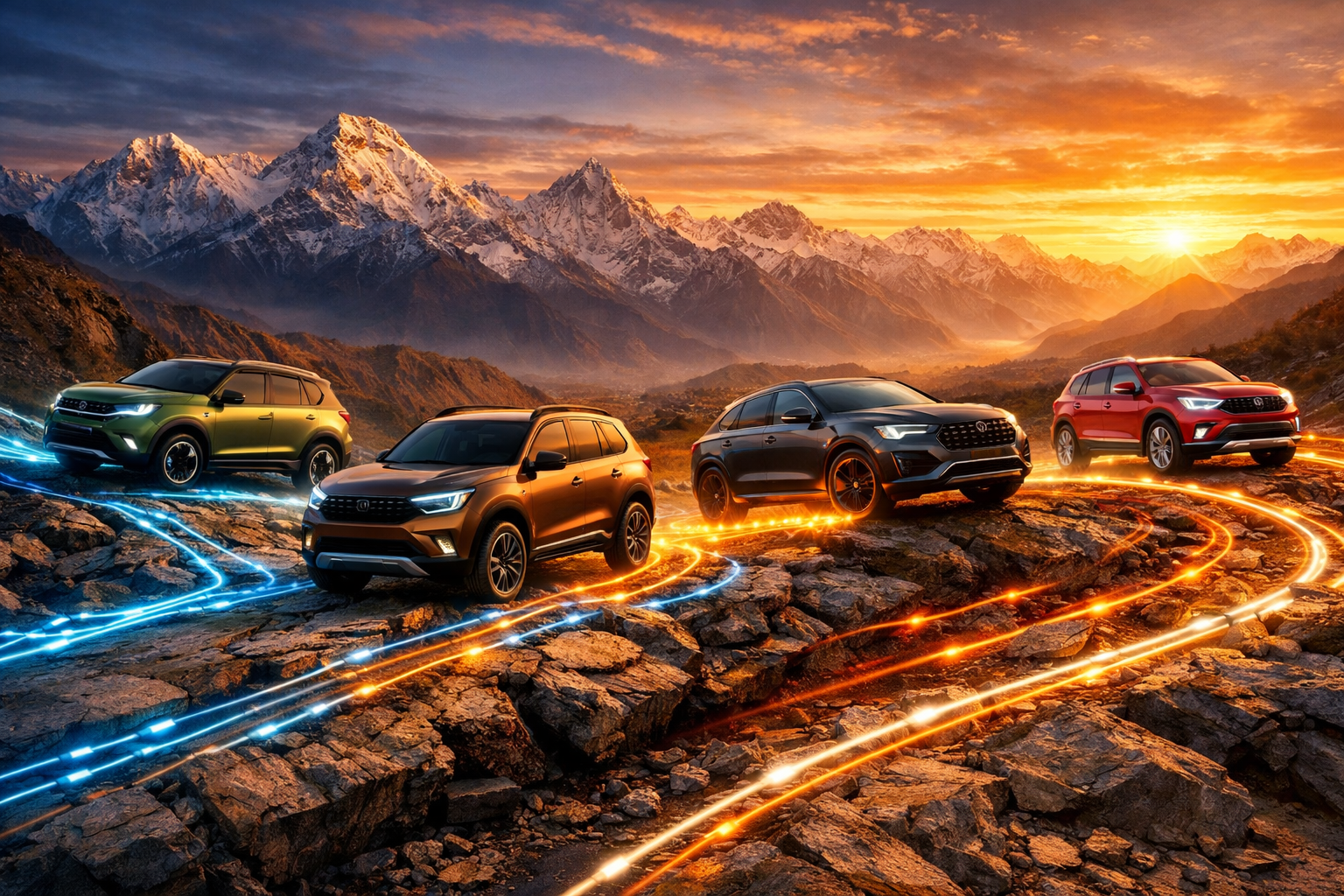 A panoramic visualization of the Upcoming car launches India March 2026 including a fleet of the Best SUVs launching in India 2026 such as the Ebella EV, the new Duster, and the Audi SQ8, driving across high-tech energy conduits in the Himalayas.