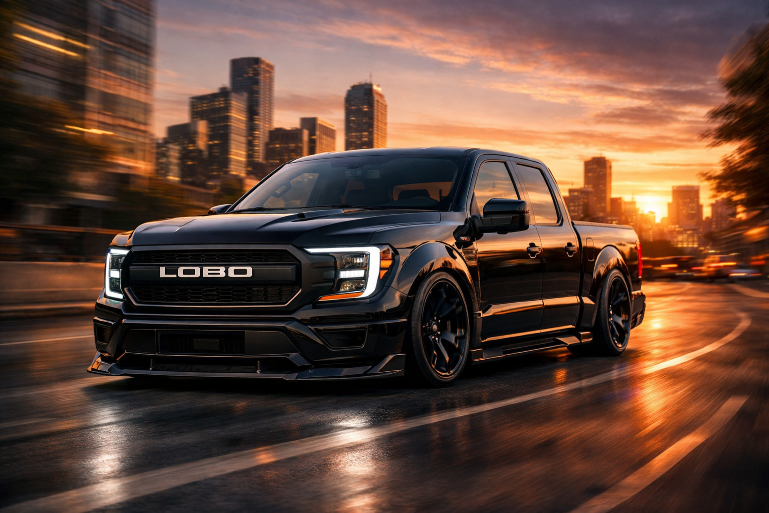 2026 Ford F-150 Lobo street performance pickup truck driving in city at sunset