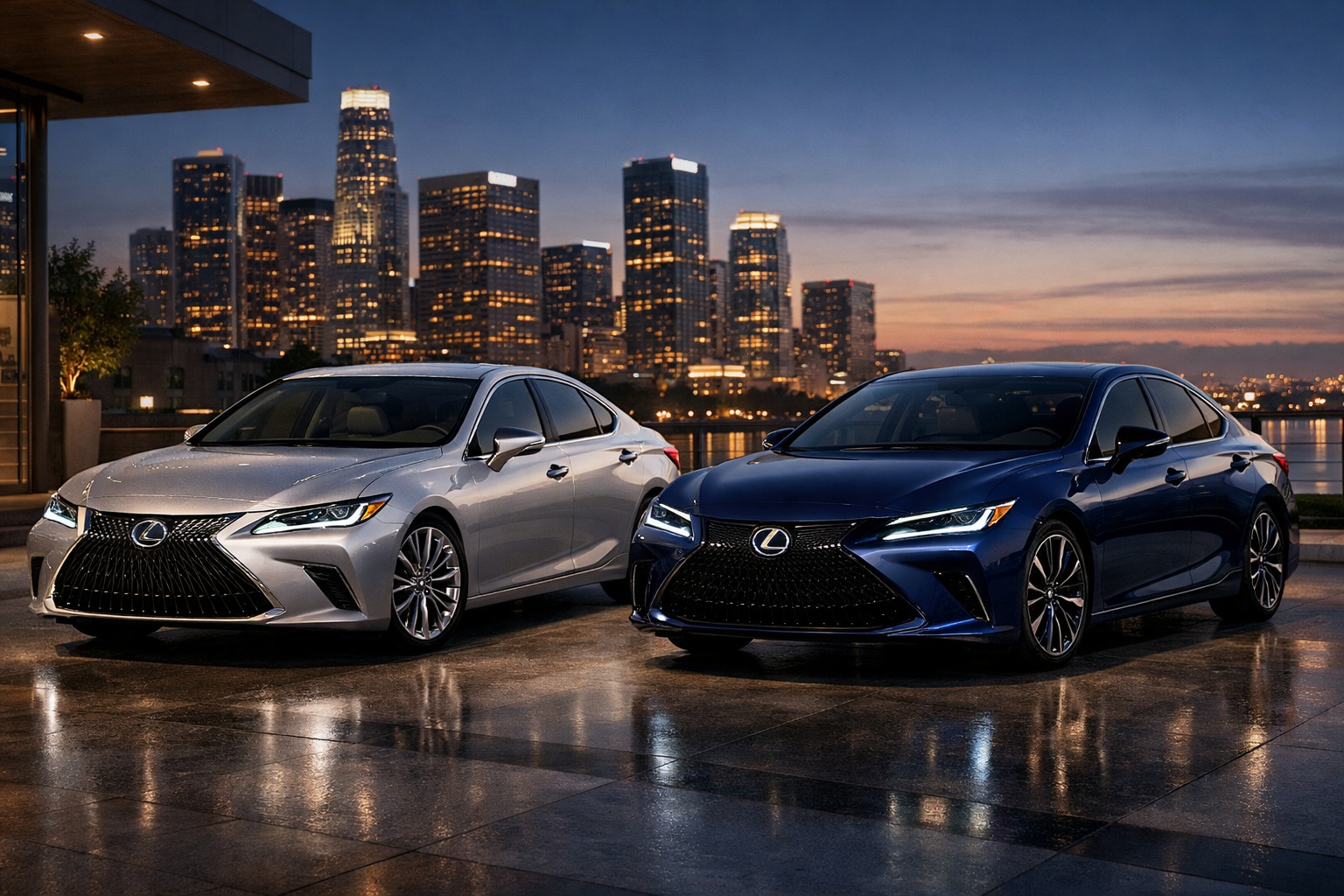 2026 Lexus ES hybrid and EV luxury sedan comparison in urban setting