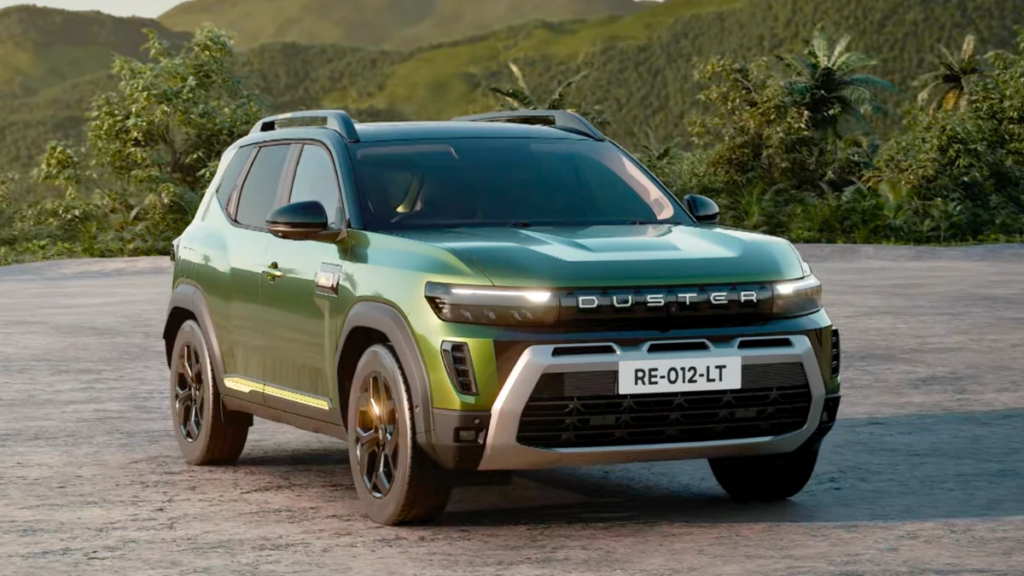 The 2026 Renault Duster in a metallic green finish parked on a dirt trail with mountains in the background, highlighting the Renault Duster India-specific design and its position as one of the Best SUVs launching in India 2026.