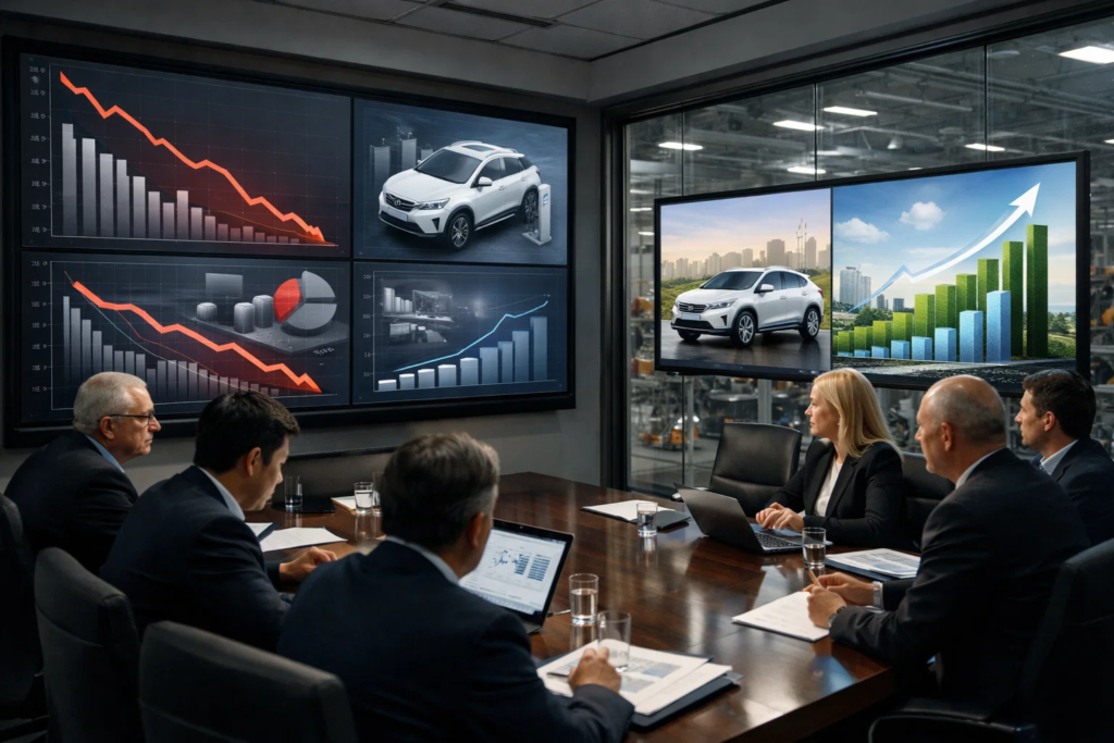 Honda EV write-off financial impact with executives analyzing EV losses and hybrid strategy shift